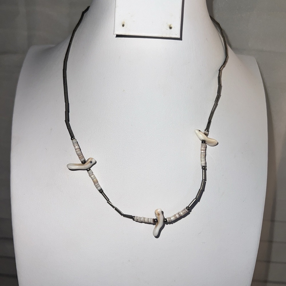 Vintage Sterling Silver Tube Bead Fetish Choker Necklace Bird Carved Shell 15.5"